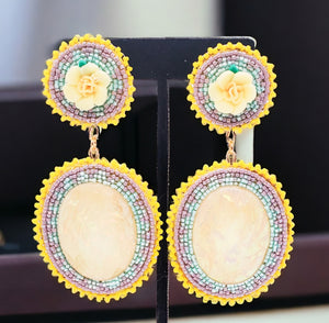 Native American Beaded Earrings ~ Unique Handmade Statement Earrings ~ Flower Stud Earrings with Seed Bead Earring Drops