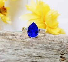 Anillo de zafiro azul ~ Anillo ajustable de plata esterlina y cristal en forma de pera