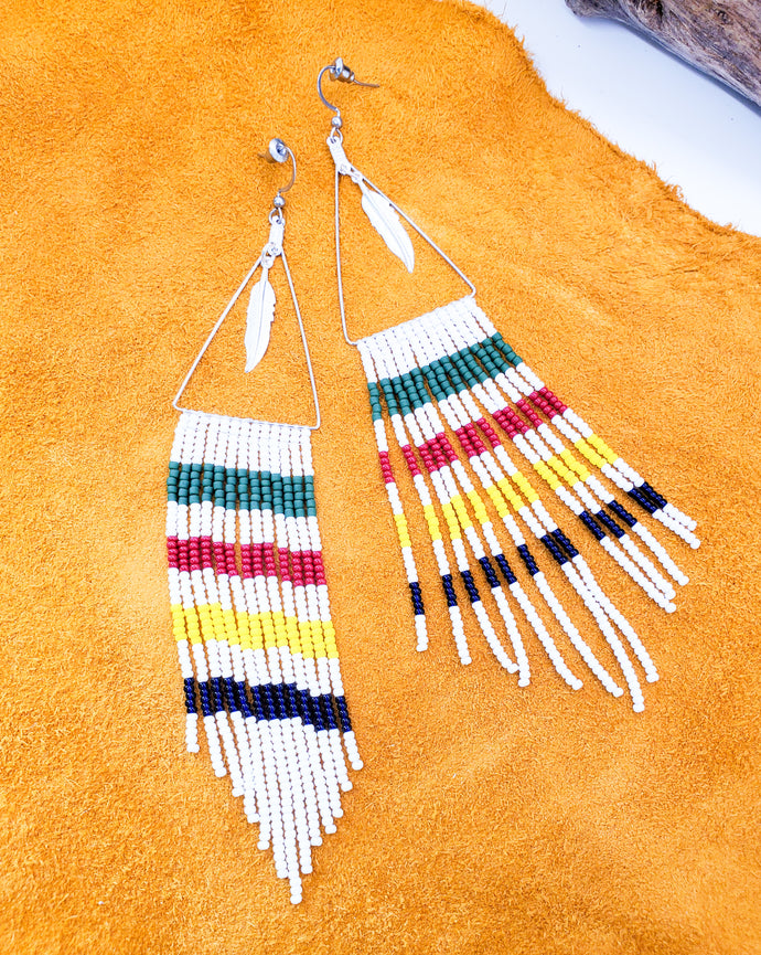 Hudson Bay Blanket Seed Bead Earrings ~ Native American/Cottagecore Handmade Gift For Her ~ Vintage Canadiana in Clip On, Dangle or Studs