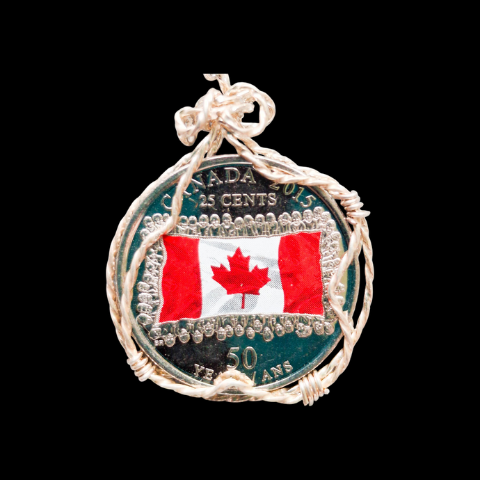Canadian Flag Commemorative Coin Sterling Silver Pendant Necklace - Wire Wrapped Patriotic Jewelry
