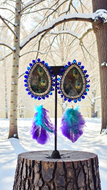 Long Dangle Beaded Earrings: Vibrant Peacock Feather Design