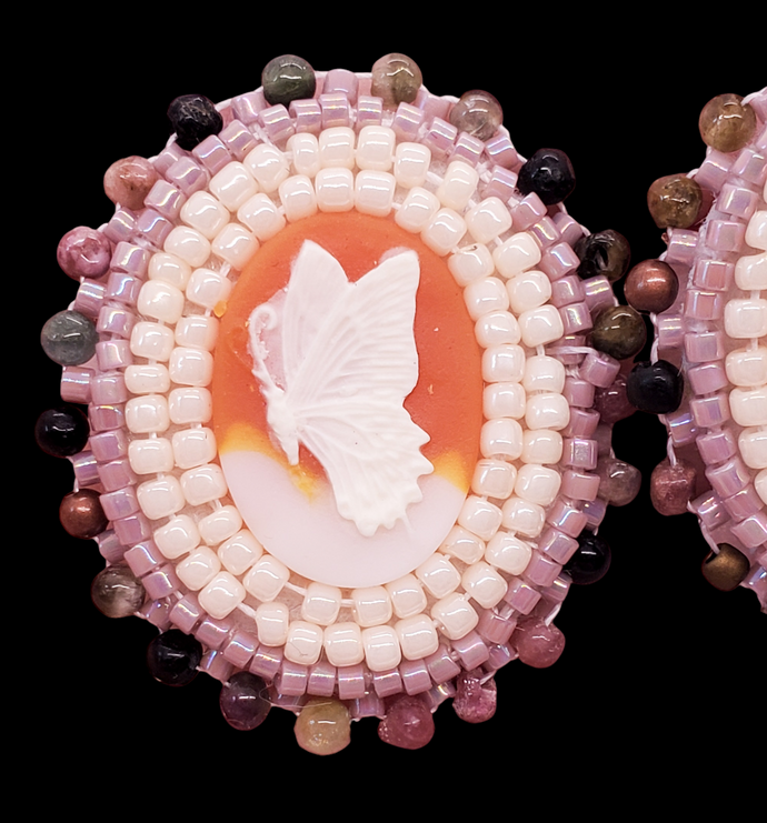 Handcrafted Indigenous Butterfly Cameo Stud Earrings - Cream & Lilac Beadwork with Tourmaline Accent