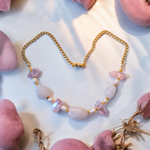 Ethereal Angel Aura & Rose Quartz Statement Necklace - Handcrafted Gemstone Jewelry Gift for Her