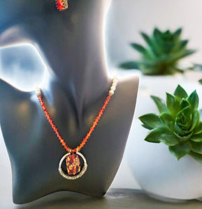 Fire Opal Crystal Set ~ Freshwater Pearl Statement Necklace ~ Art Deco Necklace & Crystal Earrings