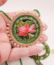 Lotus Necklace ~ Pink & Green Flower of Life Beaded Medallion ~ Cloisonne Artisan Jewelry ~ Native Beadwork Lotus Flower Pendant and Earring