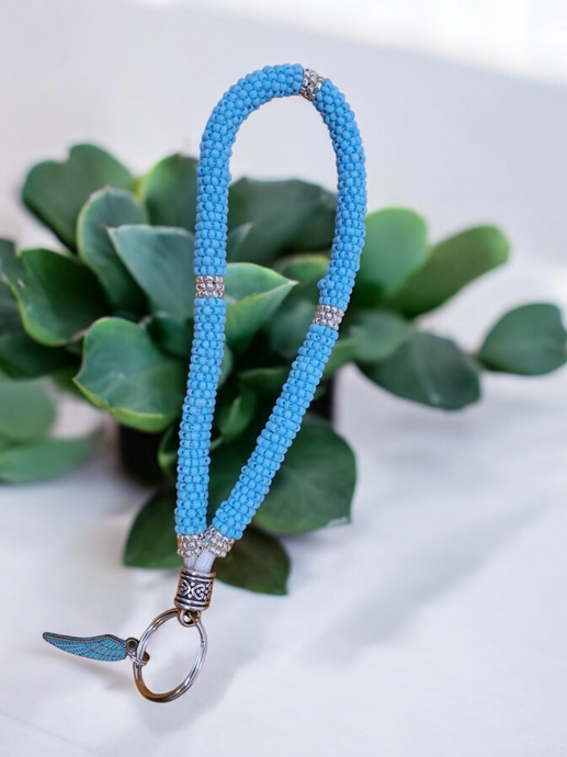 Cell/Mobile Phone Lanyard ~ Indigenous Beaded Wristlet ~ Turquoise Blue & Gold Key Fob, Key Ring, Clutch Purse Strap ~ 6 Inch