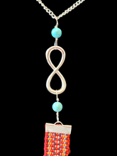 Indigenous Metis Sash Protection Necklace - Red Voyageur Fabric with Turquoise & Silver Infinity Charm