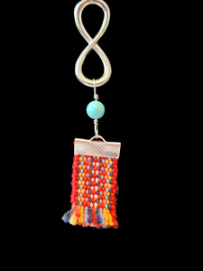 Indigenous Metis Sash Protection Necklace - Red Voyageur Fabric with Turquoise & Silver Infinity Charm