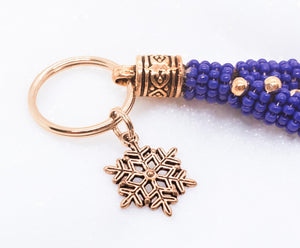 Key Fob Wristlet ~ Unique Holiday Gift ~ Handmade Royal Blue & Silver Key Holder with Snowflake Charm