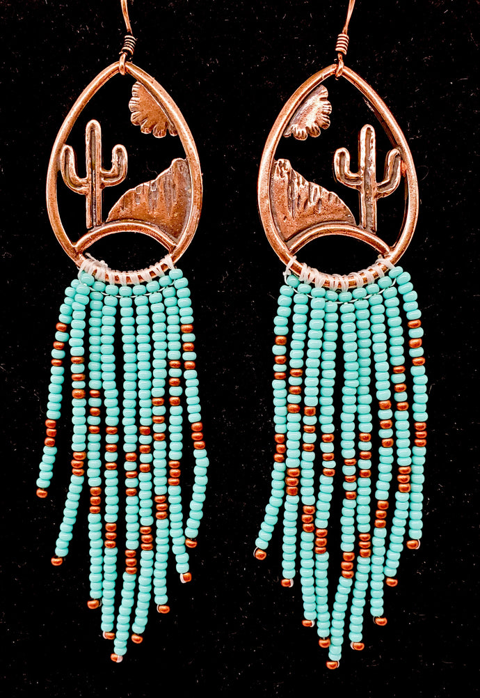 Southwest Earrings with Copper Teardrops & Turquoise Beaded Fringes ~ Cactus Desert Scene