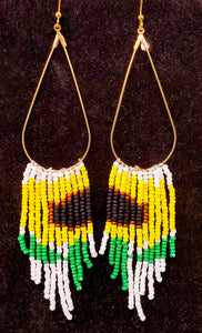 Sunflower Earrings ~ Native Beadwork ~ Fringe Seed Bead Teardrop Statement Earrings