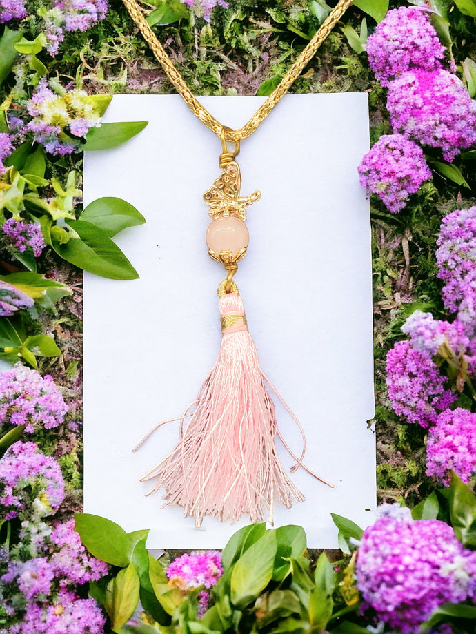 Elegant Butterfly Necklace: 14k Gold Filled, Boho Tassel, Rose Quartz, Summer Jewelry Gift