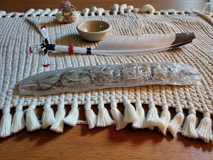Indigenous Smudge Set: Sage & Unique Beaded Fan