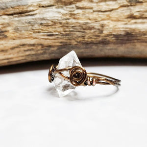 Minimalist Herkimer Diamond Ring: Wire-Wrapped Crystal Jewelry for Healing & Crown Chakra