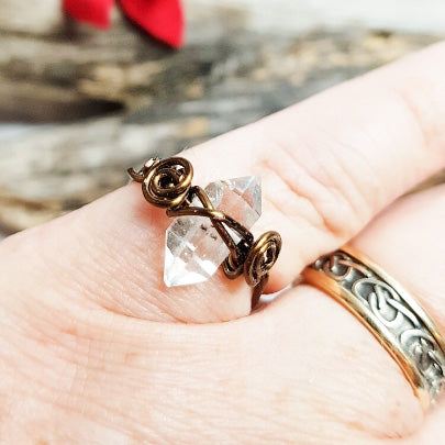 Minimalist Herkimer Diamond Ring: Wire-Wrapped Crystal Jewelry for Healing & Crown Chakra