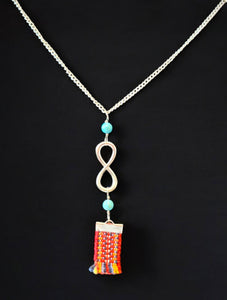 Indigenous Metis Sash Protection Necklace - Red Voyageur Fabric with Turquoise & Silver Infinity Charm