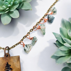 Handcrafted Moss Agate Tree Necklace: Laser-Cut Walnut Pendant with Raw Stones on 18" Chain