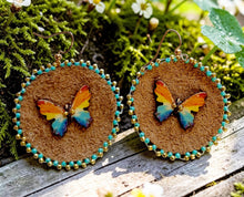 Butterfly Cabochon Beaded Leather Earrings — Turquoise & Gold