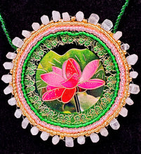 Lotus Necklace ~ Pink & Green Flower of Life Beaded Medallion ~ Cloisonne Artisan Jewelry ~ Native Beadwork Lotus Flower Pendant and Earring