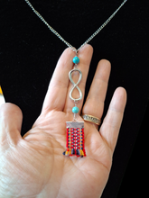 Indigenous Metis Sash Protection Necklace - Red Voyageur Fabric with Turquoise & Silver Infinity Charm