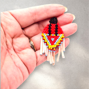 Handcrafted Indigenous Seed Bead Earrings: Fancy Shawl Dancer with Dentalium Fringe - Dangle, Stud, Clip-on