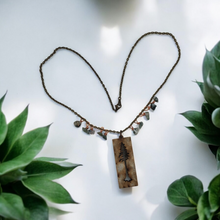 Handcrafted Moss Agate Tree Necklace: Laser-Cut Walnut Pendant with Raw Stones on 18" Chain