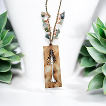 Handcrafted Moss Agate Tree Necklace: Laser-Cut Walnut Pendant with Raw Stones on 18" Chain