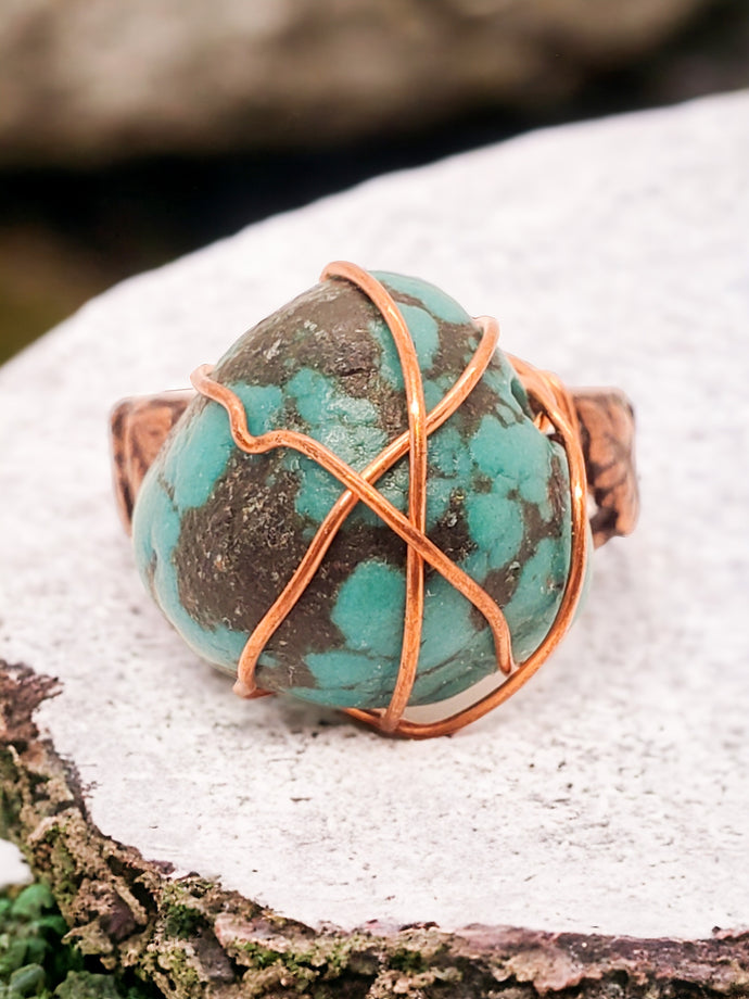 Large Turquoise Ring ~ Handmade Ajustable Ring ~ Copper Wire Wrapped Jewelry ~ Chunky Turquoise Stone ~ Birthstone Ring