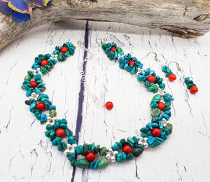 Turquoise Necklace ~ Raw Turquoise Beaded Choker and Stone Earring Gift Set