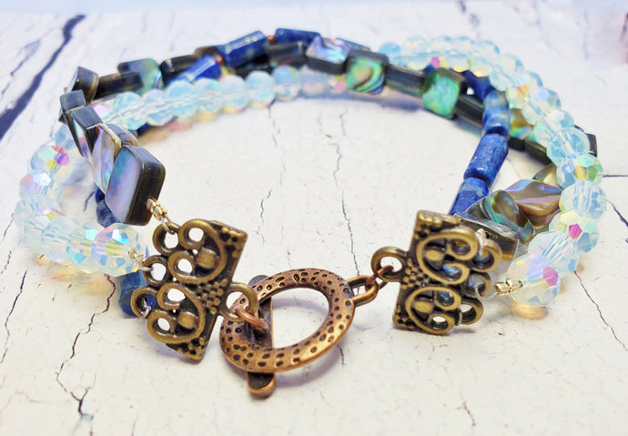 Blue & White Beaded Gemstone Bracelet ~ 3 Strand Lapis Lazuli, Abalone and Opalite Cuff Bracelet