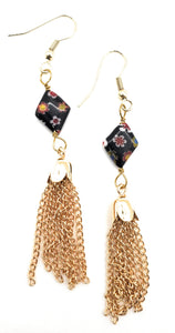 Gold Chain Tassel Earrings ~ "Kookum Scarf" Black Floral Millifiori Trapazoid Beads with Gold Chain Fringe
