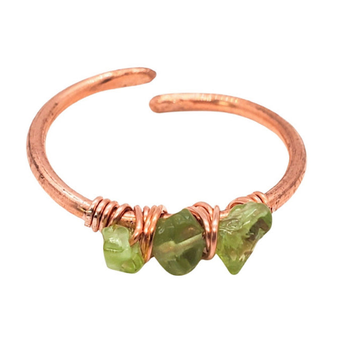 Raw Peridot Ring ~ August Leo Birthstone Ring ~ Adjustable Boho Copper Promise Ring