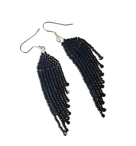 "Raven's Wing" Native American Seed Bead Earrings ~ Black Fringe Earrings
