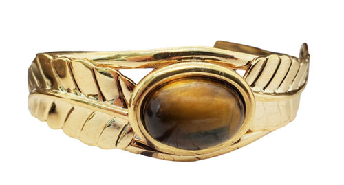 Tigers Eye Bracelet ~ Shiny Gold Cuff/Bangle Bracelet with Feather Motif