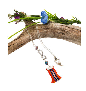 Metis Sash Pendant Necklace with Red Voyageur Sash, Peacock Stone & Silver Infinity Symbol