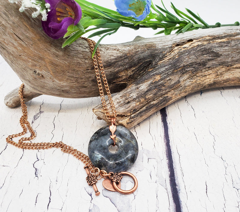 Labradorite Donut Pendant 30mm – Gemstone Crystal With Cotton Ribbon, Handmade