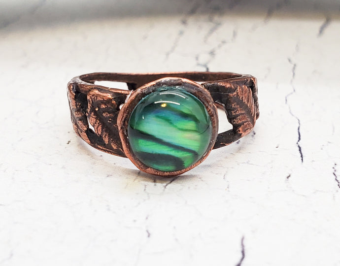 Paua Shell Ring ~ Adjustable Antique Copper Ring with Intricate Leaf Detail