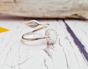 White Opal & Sterling Silver Adjustable Leaf Ring ~ October Birthstone