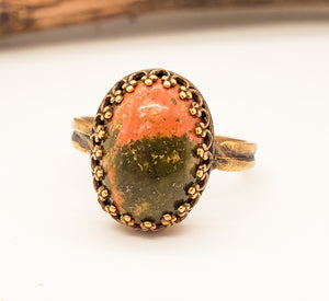 Unakite Ring ~ Adjustable Natural Stone & Bronze Ring