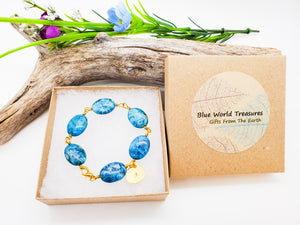 Blue Crazy Lace Agate Gemstone Link Bracelet ~ Wire Wrapped Jewelry with Oval Stone & Gold Plated Wire