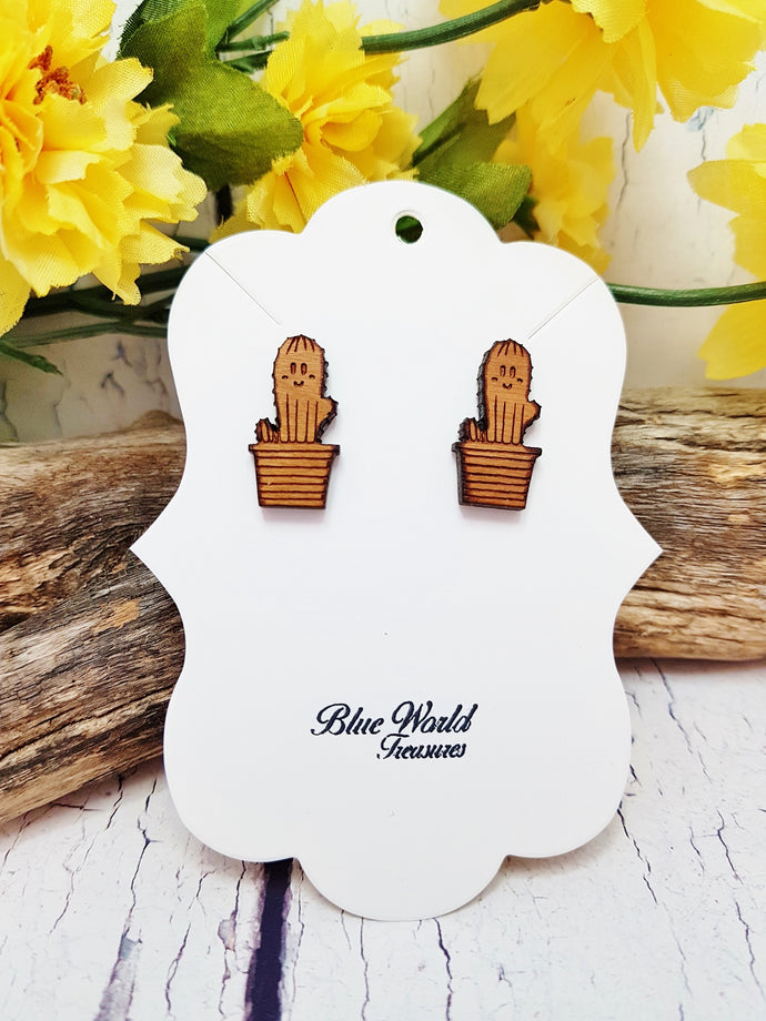 Cute Wooden Cactus Stud Earrings ~ Minimalist Succulent Earrings, Southwest Studs