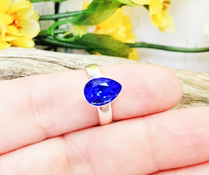 September Birthday Birthstone Ring ~ Sapphire Crystal & Sterling Silver Adjustable Promise Ring ~ Blue Sapphire Pear Engagement Ring