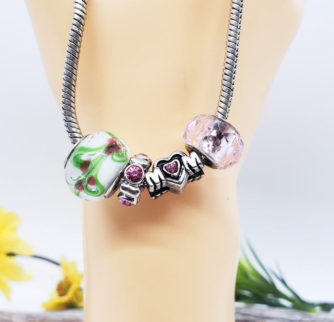 Euro Style Charm Bracelet ~ Chunky Silver Bracelet with Glass Lampworked Bead, Pink Faceted Crystal & Antique Silver 