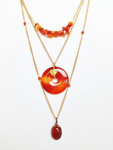 Carnelian Necklace ~ Layered & Long Donut Pendant Necklace on a Copper Chain