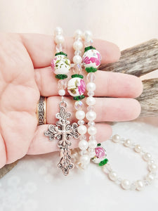 Victorian Style Pearl Rosary ~ Handmade Feminine Freshwater Pearls & Crystals