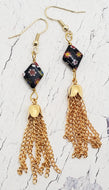 Gold Chain Tassel Earrings ~ "Kookum Scarf" Black Floral Millifiori Trapazoid Beads with Gold Chain Fringe