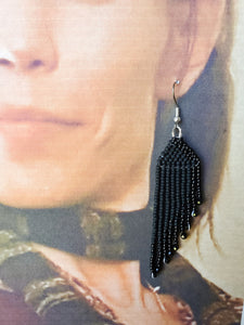 "Raven's Wing" Native American Seed Bead Earrings ~ Black Fringe Earrings