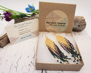 Long Native American Beaded Fringe Earrings ~ "Indian Corn" Design