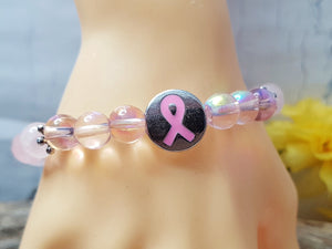 Pulsera inspiradora de sobreviviente de cáncer de mama de cuarzo rosa ~ Pulsera elástica delicada