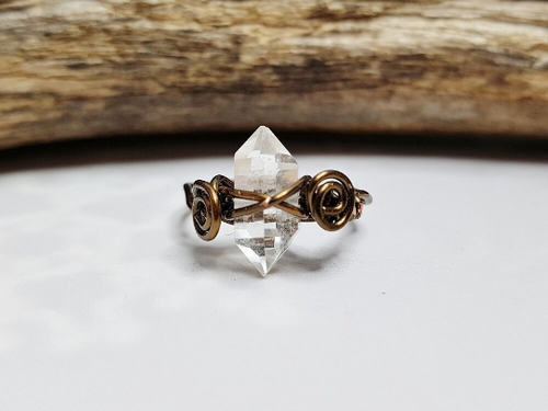Herkimer Diamond Ring, Wire Wrapped Minimalist Healing Crystal Crown Chakra Ring